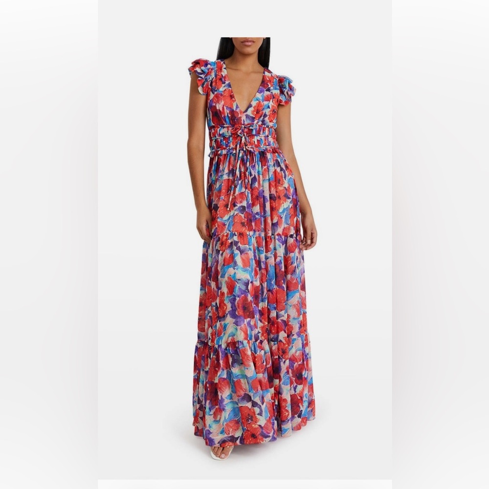 PATBO Violet V-neck Flutter-sleeve Maxi sunDress In Cherry sz 6